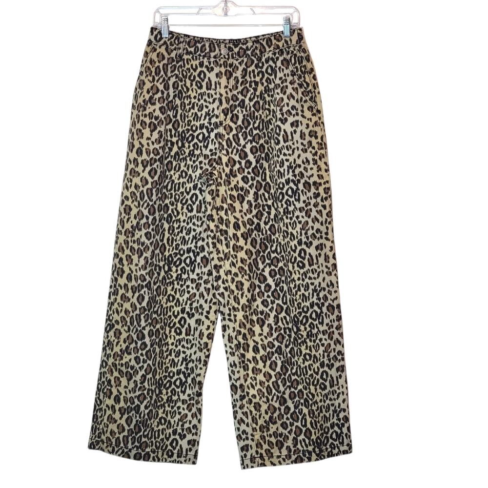 House of Harlow Leopard Animal Print Pant Wide Leg High Rise Brown Black Size M